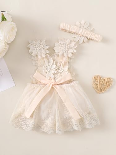 Baby Girl 1st Birthday Outfit Boho Lace Tulle Romper Cake Smash Princess Dress with Headband3