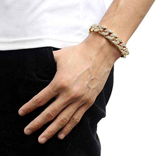 Fliyeong Premium Quality 14mm Mens Women Hip Hop Iced Out Curb Cuban Bracelet Chain Gold Pave