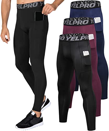 Yuerlian 1 or 3 Pack Mens Compression Pants Athletic Leggings with Pockets Running Baselayer Tights Cycling Workout Pants