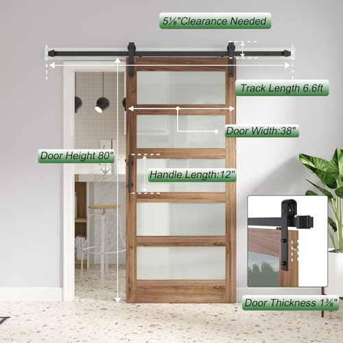 Image of FREDBECK 38 x 80 inch Glass Barn Door with 6.6FT Barn Door Hardware Kit & Handle Included,5-Panel Frosted Glass, Water-Proof Surface,Pre-Drilled Holes,Need Assembly