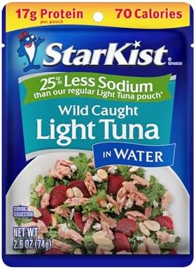 StarKist Reduced Sodium Chunk Light Tuna in Water, 2.6 oz Pouch (1 Pack) Ready to Eat Wild Caught Tuna, 17g Protein, 70 Calories Per Serving, Gluten Free, Soy Free, Kosher, Perfect for Meals & Snacks