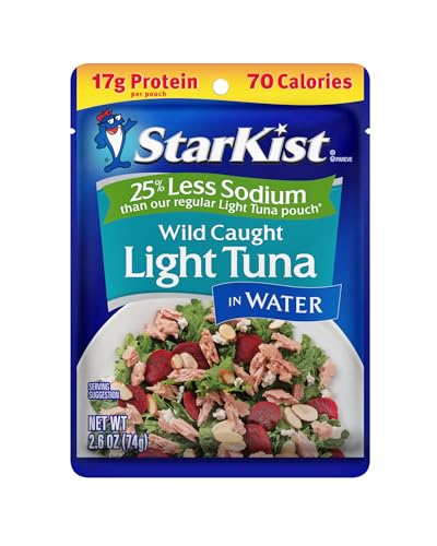 StarKist Reduced Sodium Chunk Light Tuna in Water, 2.6 oz Pouch (1 Pack) Ready to Eat Wild Caught Tuna, 17g Protein, 70 Calories Per Serving, Gluten Free, Soy Free, Kosher, Perfect for Meals & Snacks