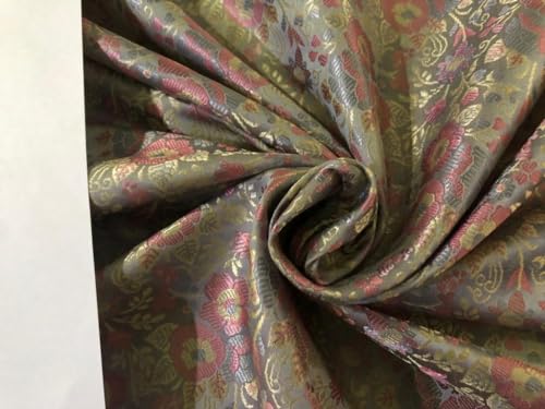 Tissu brocart en soie jacquard floral argent rose or pour couture de luxe BRO919