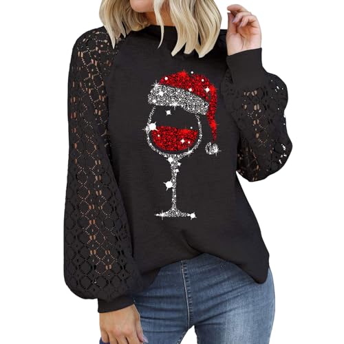 Weihnachtsbluse Rot Damen Winter,Weihnachtspullover Langarm mit Spitze...