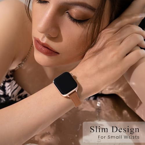 Image of STIROLL Slim Leather Bands Compatible with Apple Watch Band 38mm 40mm 41mm 42mm(Series 11 10), Top Grain Leather Watch Thin Wristband for iWatch SE 9 8 7 6 5 4 3 2 1 (Brown Rose Gold)