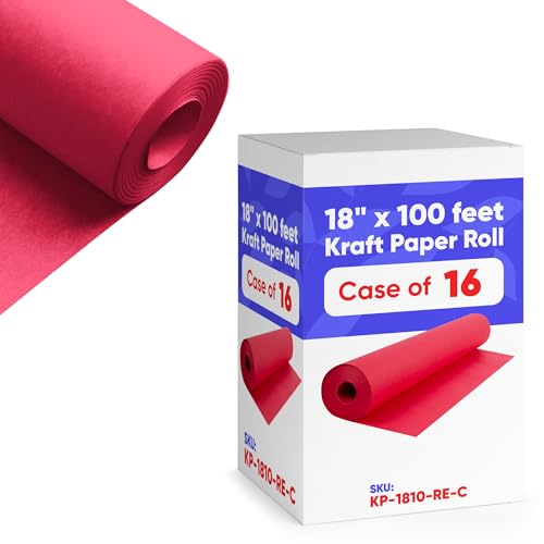 Image of Paclord 18" x 1200" (100 ft) Red Kraft Paper (Case of 16 Rolls), 45 lbs Thickness, Kraft Paper for School, Art, Gift Wrapping, Packing