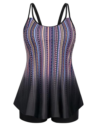 Hanna Nikole Zweiteiliger Badeanzug Damen Bauchweg Tankini A-Linie Badeoberteile für Mollige Bunten Streifen 58 1