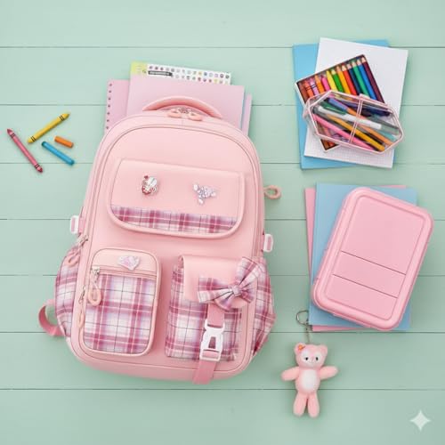 Image of Girls School Backpack Cute Pink Pastel Gradient Bag with Multiple Compartments Lightweight Durable Bookbag for Kids Students (purple bag)