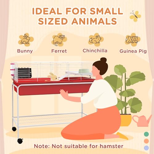 PawHut Two-Story Small Animal Cage Removable from Stand, Guinea Pig Cage with Shelf & Wheels, Pet Habitat for Hedgehog, Chinchilla, Ferret, 39\" x 20.5\" x 36.5\", Red - Thumbnail 4