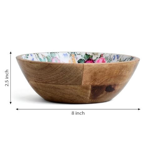 Image of SAAGA Printed Mango Wood Mixing Bowl | 8 x 2.5 Inch Large Wooden Serving Bowl for Salads, Fruits, Snacks, Curries & Desserts | Handcrafted Kitchen & Dining Bowl | Red Violet