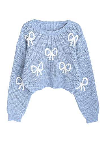 Image of BEAUDRM Girl's Cute Bow Sweater Crew Neck Long Sleeve Drop Shoulder Loose Pullover Tops