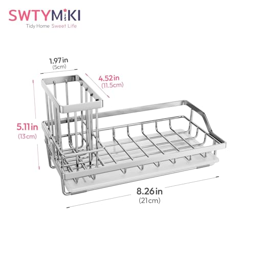 SWTYMIKI Kitchen Sink Caddy Sponge Holder, Kitchen Sink Organzier and Storage with High Brush Holder and Drip Tray for Dish Sponges, Silver