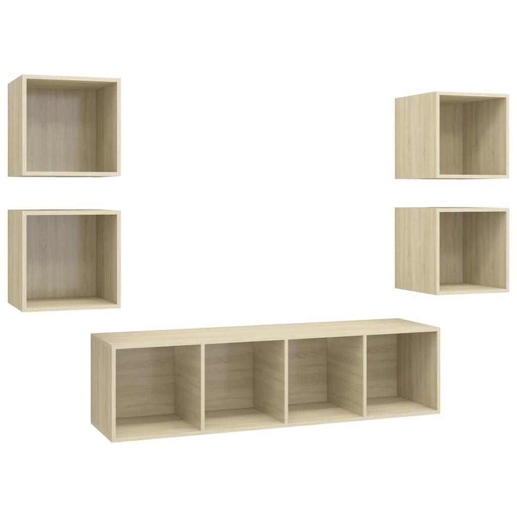 5-TLG. TV-Schrank-Set Sonoma-Eiche, Holzwerkstoff, Hängend, Modernes Media-Center für Wohnzimmer, Schlafzimmer, Vielseitiger Stauraum