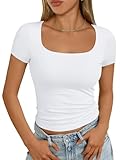 AUTOMET Womens Short Sleeve T Shirts Double Lined Square Neck Going Out Crop Tops Summer Cute Clothes Basics Tees White M
