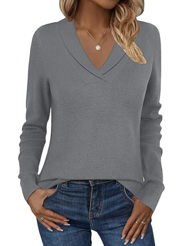 Image of Zeagoo Womens Sweaters Trendy 2025 Fall Long Sleeve V Neck Dressy Casual Off Shoulder Pullover Tunic Tops Gray M
