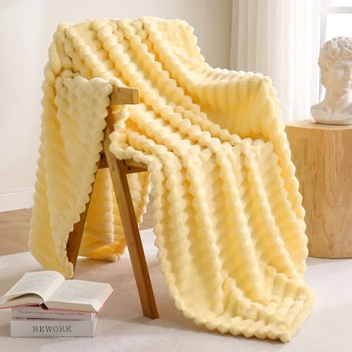 Excervent Solid Striped Flannel Fleece Blanket (50x70 inches Light Yellow) Cozy Throw Blankets for Couch Sofa and Bed Super Soft Luxurious Warm Blankets for Household Living Room Bedroom