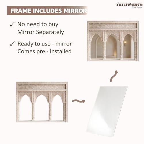 Image of JAE Furniture Kani Wooden Carved Mirror Full Length | Handcrafted Three Arch Long Mirror for Living Room, Wall Decoration, Entryway | Vintage Decorative Solid Wood Wall Mirror Frame | White Distress