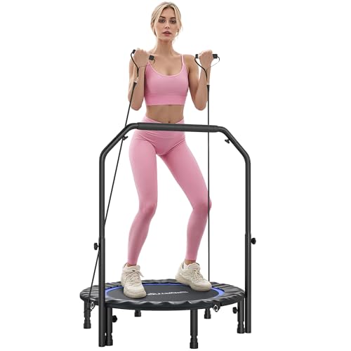 SPORTNOW Trampolín de Fitness Adultos Ø102 cm, Cama Elástica Plegable con Mango Ajustable de 4 Niveles y Bandas, para Entrenamiento Piernas Cuerpo en Hogar Oficina Gimnasio Exterior, Carga 150 kg Azul