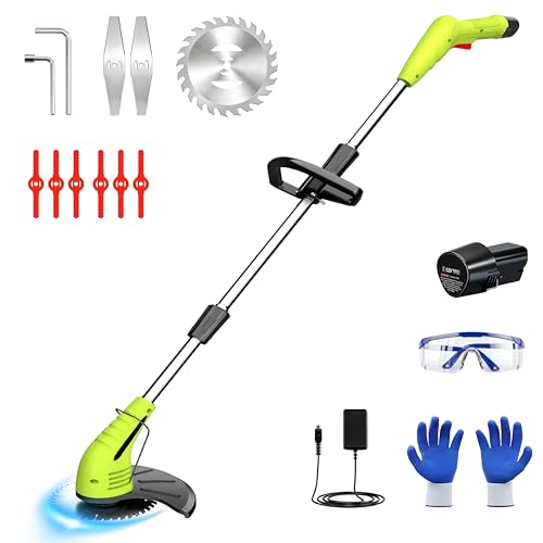 GardenJoy Weed Wacker Battery Operated: 12V Cordless Grass Trimmer with 2.0Ah Battery, Fast Charger and 3 Types Cutting Blade, Portable Electric Lawn Trimmer for Garden Yard Weeding Work