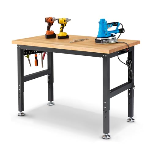 Workbench for Garage 48 Inch Work Bench Table Adjustable Height Rubberwood Tabletop Work Table with Power Outlets for Woodworking Shop Home Office Electronic Cutting Wood