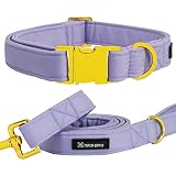 Maca Bates Dog Collar and Leash Set, Adjustable Solid Dog Collar and Leash for Small Medium Large Dog with Golden Metal Buckle -  M MACA BATES