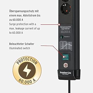 Brennenstuhl Premium-Line Multiprise 6 Prises avec Protection Contre Les surtensions jusqu'à 60 000 A (câble de 5 m et Interrupteur - Fabriqué en Allemagne - Noir