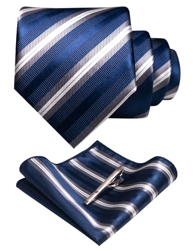 RBOCOTT Silk Stripe Plaid Tie and Pocket Square with Tie Clip Sets for Men