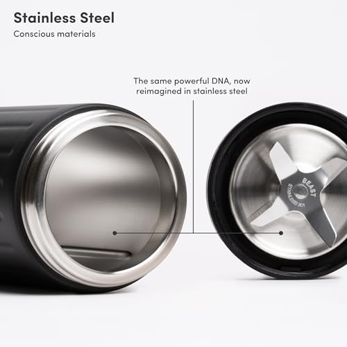Image of Beast Mighty 850 Stainless Steel | Compact Personal Blender | Extra Vessels | Keeps Blends Cold | Smoothies, Shakes, Sauces, Dips | Portable Straw Caps and Lids | 850W (Carbon Black)