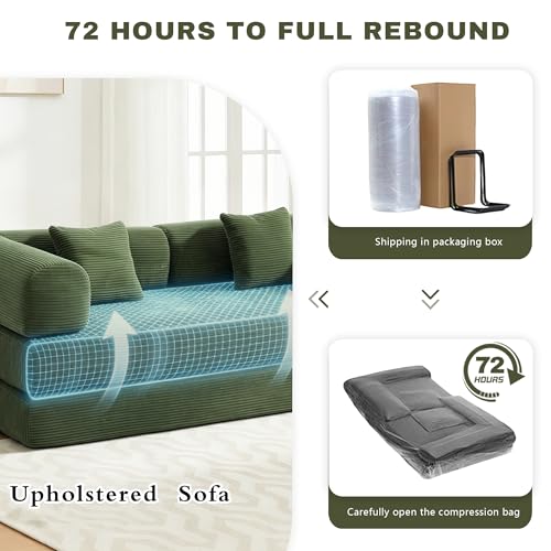 Image of 80 Inch Multi-Functional Convertible Sofa Bed, Fixed Shape Frame, High Density Foam with Corduroy, Easy Assembly, for Living Room and Bedroom. (Green)