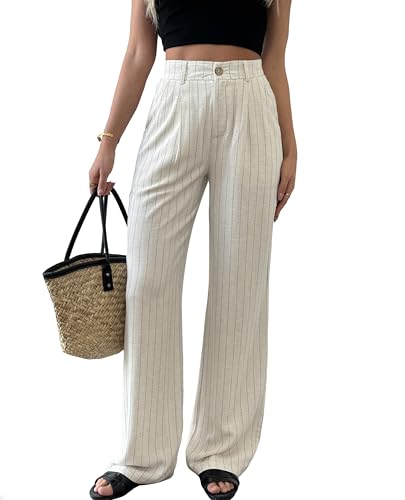 Women's Linen Pants Summer Striped Wide Straight Leg High Waist Beach Vacation Dressy Business Casual Trouser