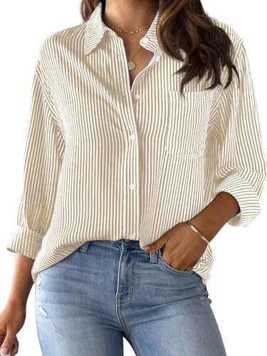 CUNLIN Khaki Striped Button Down Shirt Women Blouse Blouses & Button-Down Shirts Womens Tops for Fashion and Long Sleeve Khaki Size M