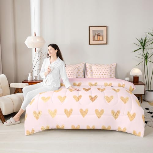 Image of Erosebridal Cute Heart Pattern 7 Piece Comforter Set Queen Bed in A Bag Gold Pink Bedding Set for Girls Kids Valentine Love Geometric Sheet Set with Comforter Love Heart Duvet Insert
