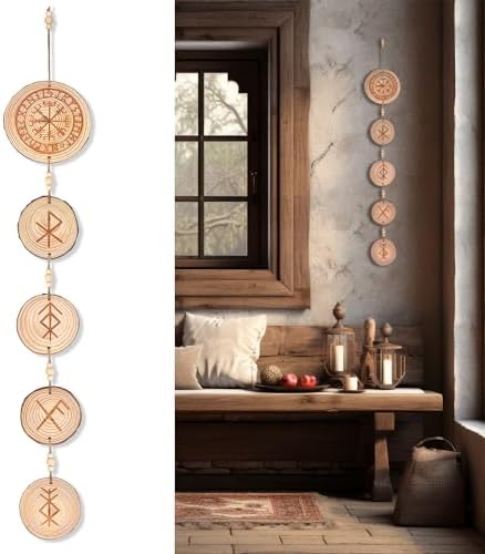 Rune Chain - Prosperity, Good Luck, Love, Protection, Home Protection Bindrune Hanger, Decoration Norse Pagan Bind Runes, Rustic Norse Viking Circular Bind Rune Protection Wood Hanging Decor