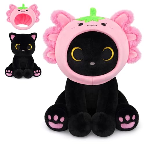 MUFEIRUO Peluche chat noir avec cagoule Axolotl à la fraise, en peluche, avec capuche amovible, cadeau d'anniversaire, d'Halloween, de Noël