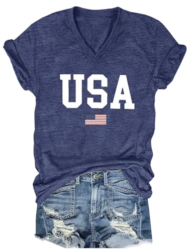 Women's T-Shirts V-Neck USA Flag Tee Shirt Cute 4th of July Graphic T Shirt Vintage American Proud Short Sleeve Tops (Blue3, Medium)