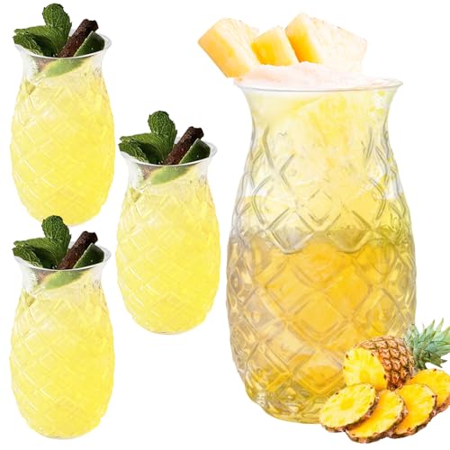 WANDGU Lot de 4 Verres à Ananas 400 ml - Gobelets à Cocktail Transparents en Relief, Réutilisables pour Jus et Long Drink - Parfaits pour la Maison en Été