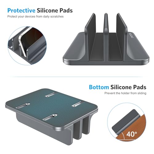 Image of OMOTON Vertical Laptop Stand [Updated Double Version], Desktop Aluminum Mac Book Stand with Adjustable Dock Size, Fits All Mac Book, Surface, Chrome Book and Gaming Laptops (Up to 17.3 inch) (Grey)