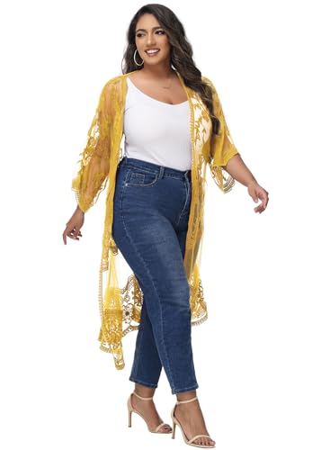 Image of Anna-Kaci Women's Plus Size Lace Cardigan Embroidered Long Kimono Dusters with Half Sleeves
