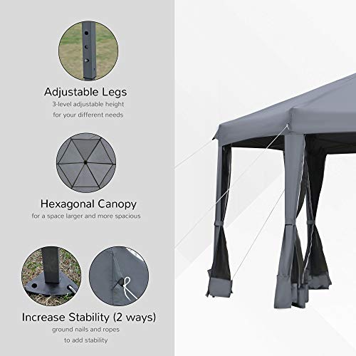 Outsunny 3.8m x 3.2m Pop Up Gazebo Hexagonal Canopy Tent Outdoor Sun Protection with 6 Mesh Sidewalls, Hand Bag, Grey - Image 4