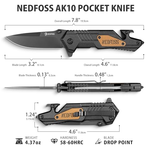 NedFoss Pocket Knife AK10, 4 in 1 Pocket Tactical knife for Men Women, Hunting Survival Camping Knife with Belt Cutter, Pocket Folding Knife with Glass Breaker, Stocking Stuffers, Christmas, Fathers Gifts for Dad Mens Knife