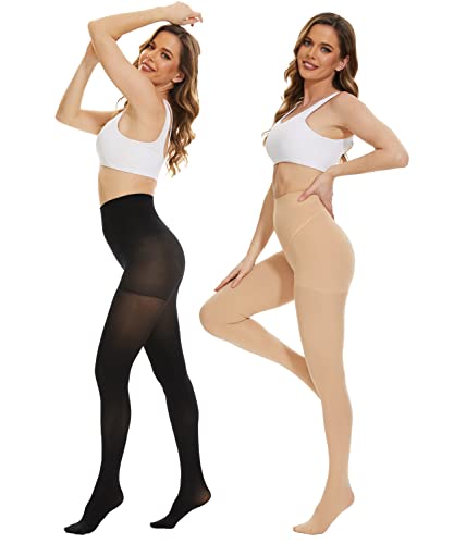 Image of CozyWow 80D Control Top Opaque Tights for Women Pantyhose Black+Beige SM | Run-resistant, High Rise,Ideal for Layering under Dress
