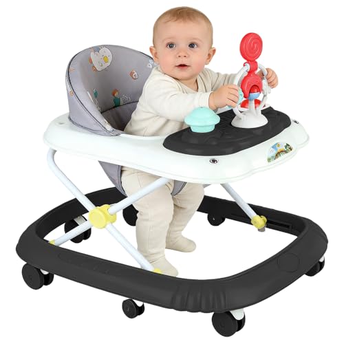 Andador de bebé, 6 meses juguetes y actividades, trotador con música y luces, asiento giratorio de 360 grados, 3 ajustable, asiento acolchado y lavable a máquina (67 * 72 * 92 cm - Negro (B))