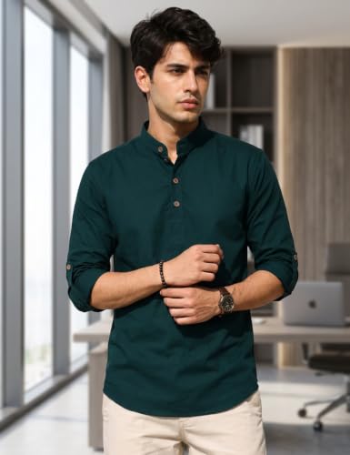 Image of Fifth U Men's Cotton Polyester Blend Solid Mandarin Collar Self Design Full Sleeve Casual Short Kurta