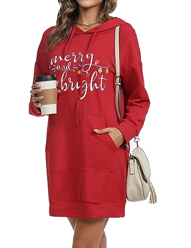 Image of Quenteen Women Hoodies Dress Hooded Sweatshirts Dress Casual Long Sleeve Tunic Dress Oversized Sweatshirts with Pocket