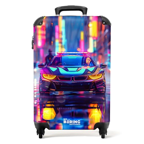 NoBoringSuitcases.com Kinderkoffer, Kinderkoffer Jungen, Koffer Kinder, Kinder Reisekoffer, Koffer Kinder Jungen, Reisetrolley, Handgepäck Koffer, Handgepäck 55x40x20 cm (Polizeiauto - Neon Violett)