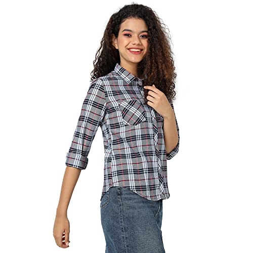 Image of PINACOLADA Women's Grey Tartan Plaid Button Up Regular Fit Shirt for Casual Wear | Spread Collar | Long Sleeves | Cotton Shirt Crafted with Regular Sleeve & Comfort Fit for Everyday Wear
