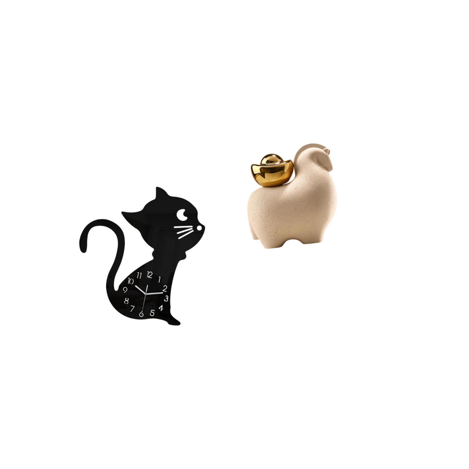 Baoblaze Acrylic Cartoon Cat Wall Clock Ornament and Miniature Animal Statue Tabletop Decoration for Modern Living Room Office Patio Decor