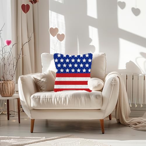 Image of QIONG MENG Latch Hook Kits for Adults, DIY Stars and Stripes American Flag Decor Pattern Pillow Cover Kit Needlework Cushion Cover Hand Craft Crochet for Home Sofa Decorations 17 x 17 Inch