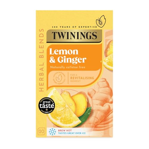Twinings Lemon and Ginger Flavoured Tea - 80 Biodegradable Bags (Multipack of 4 x 20), Caffeine-Free Herbal Tea with Zesty Lemon & Spicy Ginger Flavor, Refreshing & Soothing Beverage
