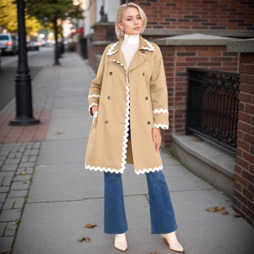 utcoco Womens Scalloped Trim Trench Coat Double Breasted Midi Jacket with Contrast Trim Notch Long Sleeve Belted Outwear4